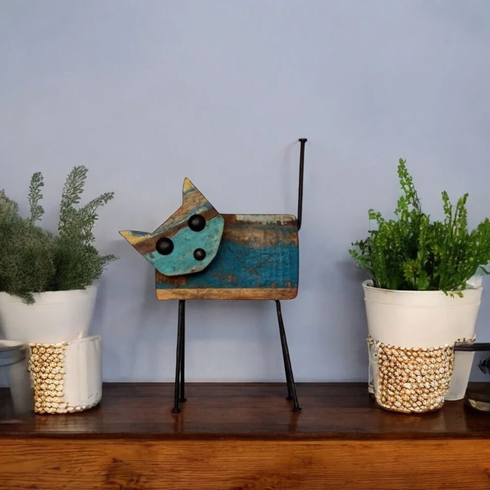 10 Recycled Scrap Wood And Iron Cat - Image 1