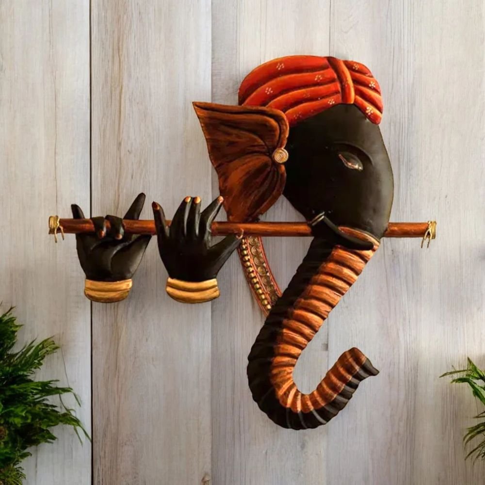 10 Wrought Iron Ganesha Playing Flute Basuri Wall Art - Image 1
