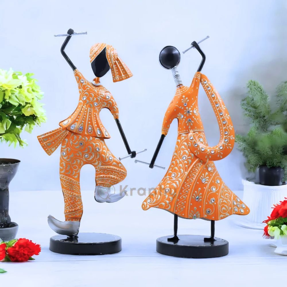 14 (Pack Of 2) Orange Iron Musician Playing Garba Dandiya Showpiece - Image 1
