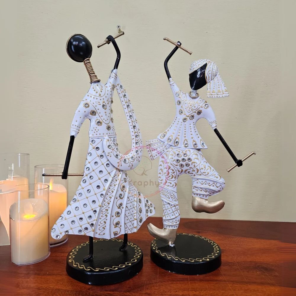 16 (Pack Of 2) White Iron Musician Playing Garba Dandiya Showpiece - Image 1