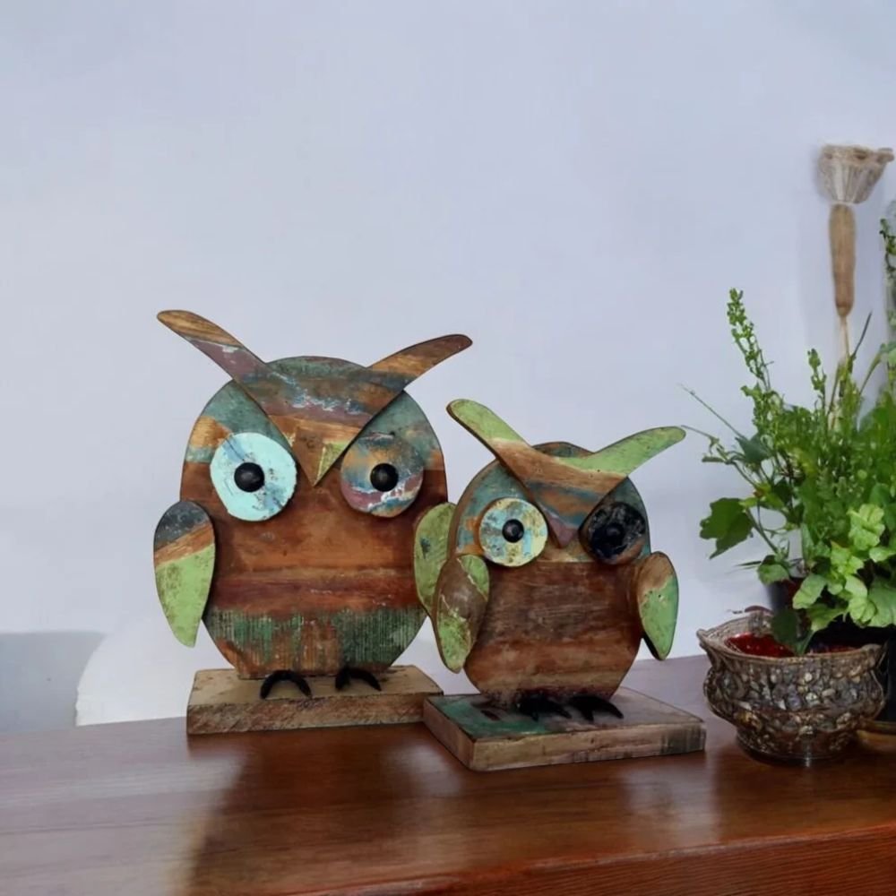 5 Recycled Wooden & Iron Owl Set - Image 1