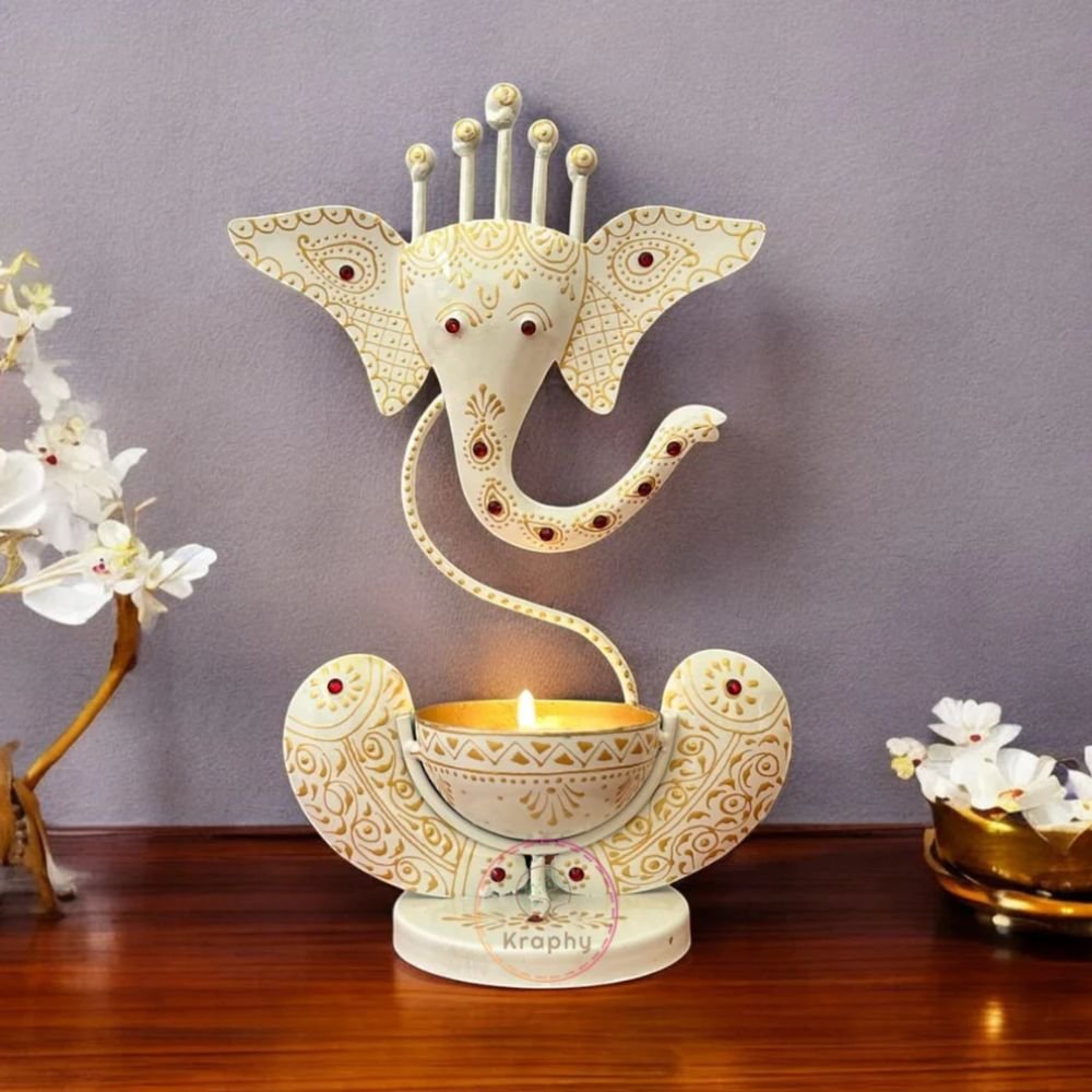 7 White Ganesh Ji Iron Tealight Candle Holder - Image 1