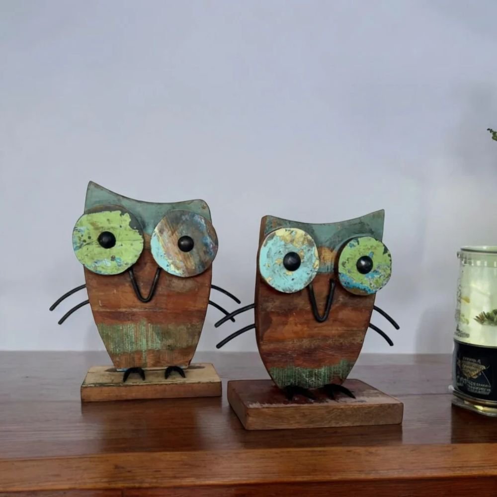 8 Recycled Scrap Wood Owl Set - Image 1