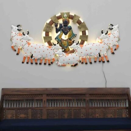 Lord krishna With Cow Back Light Spiritual Metallic Wall Art
